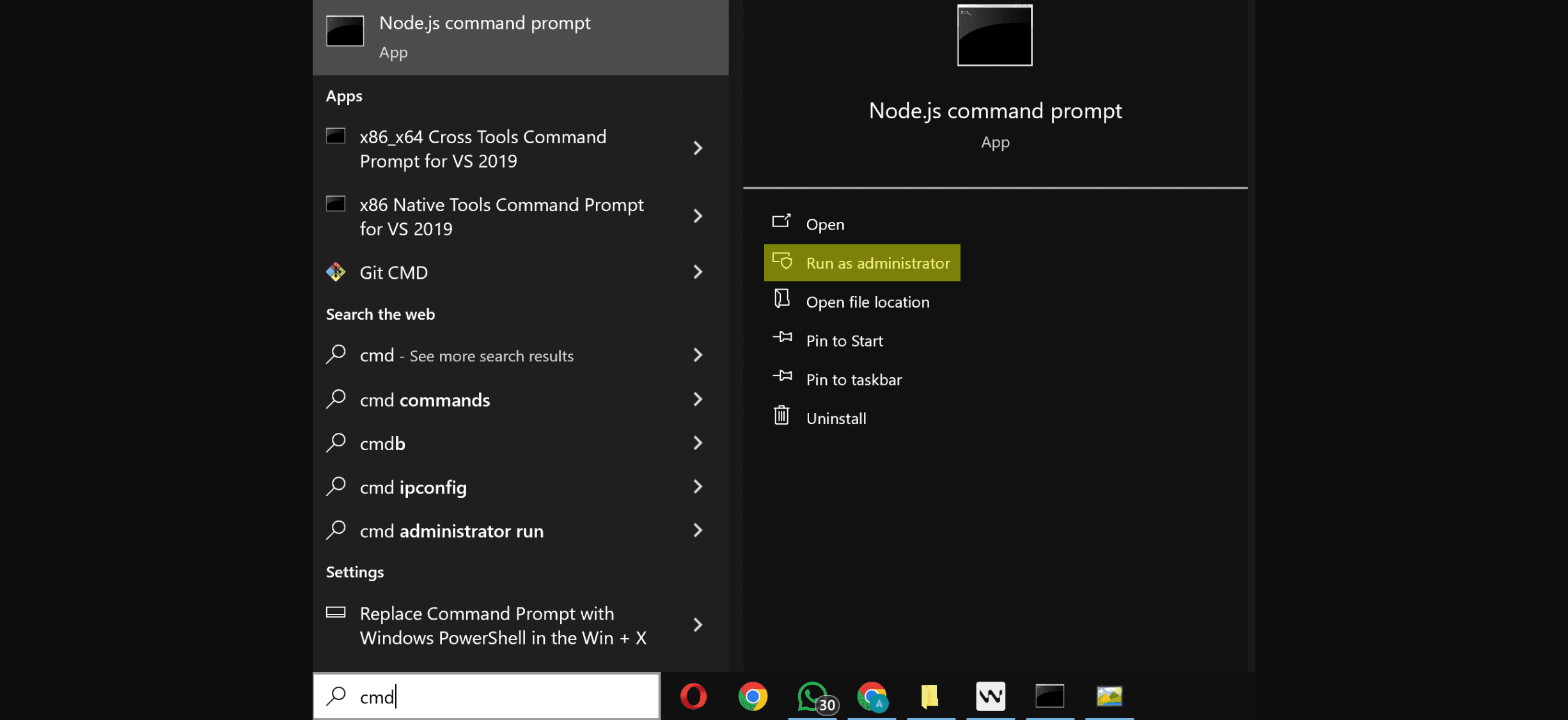 Windows search result showing Command Prompt options