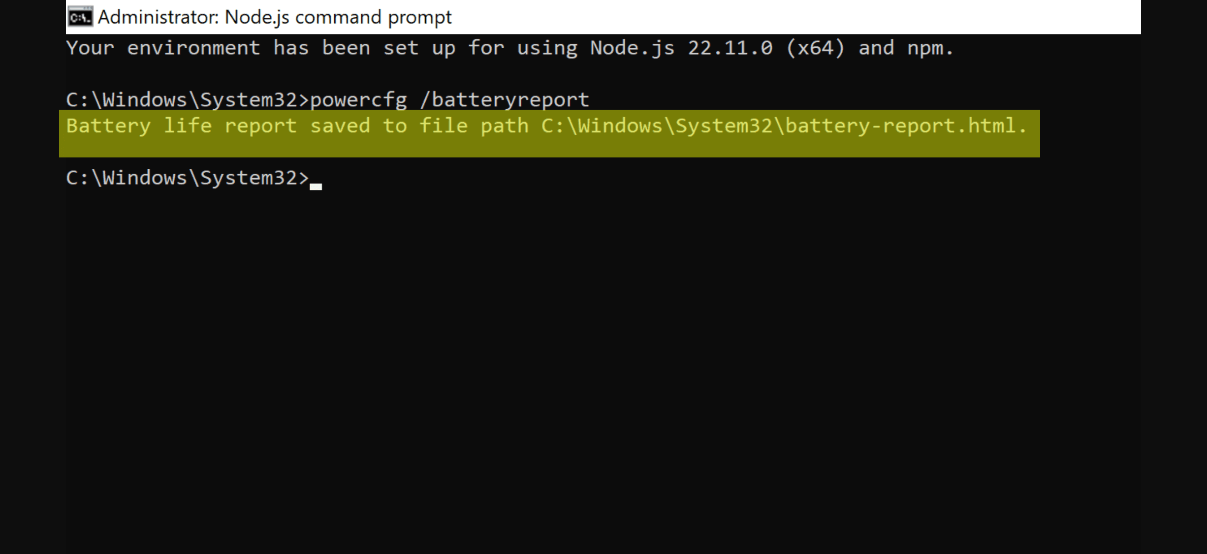 Command Prompt output after generating a Windows battery report