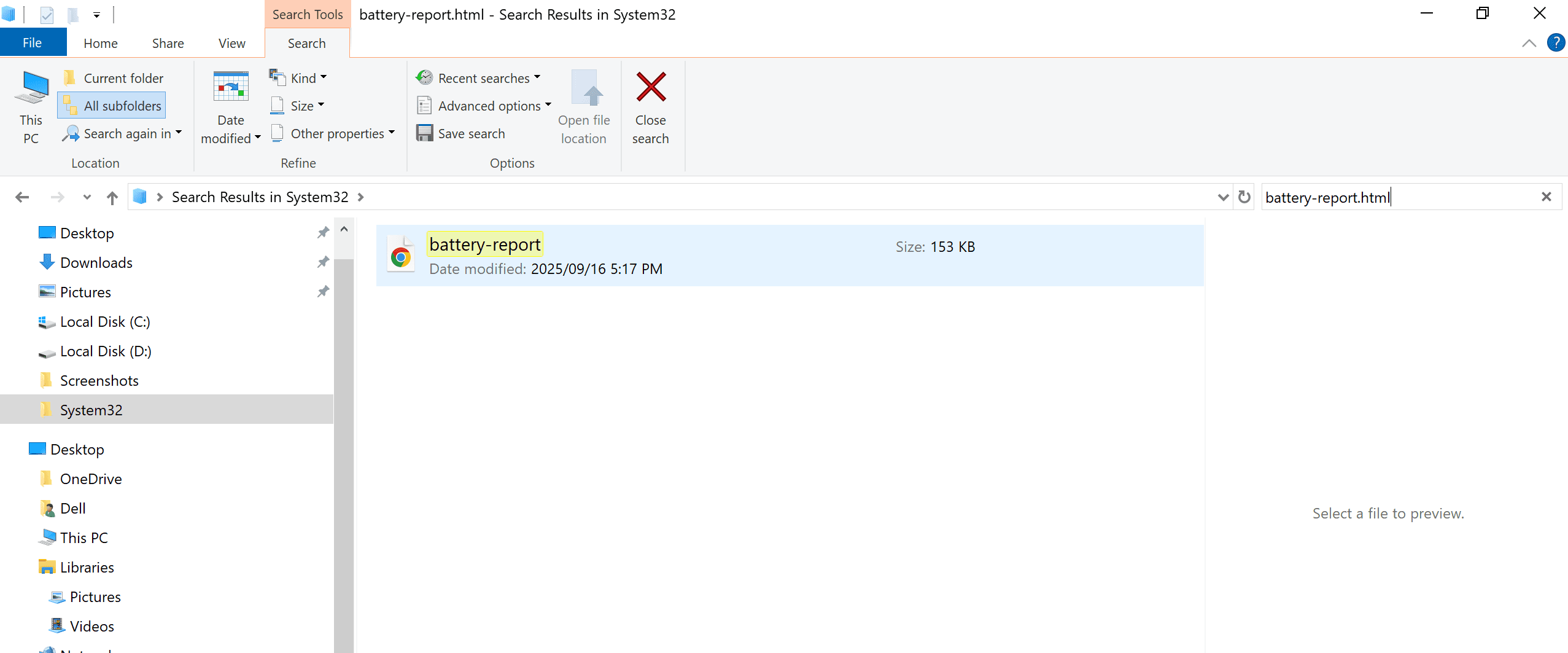 Windows File Explorer showing a generated battery report HTML file